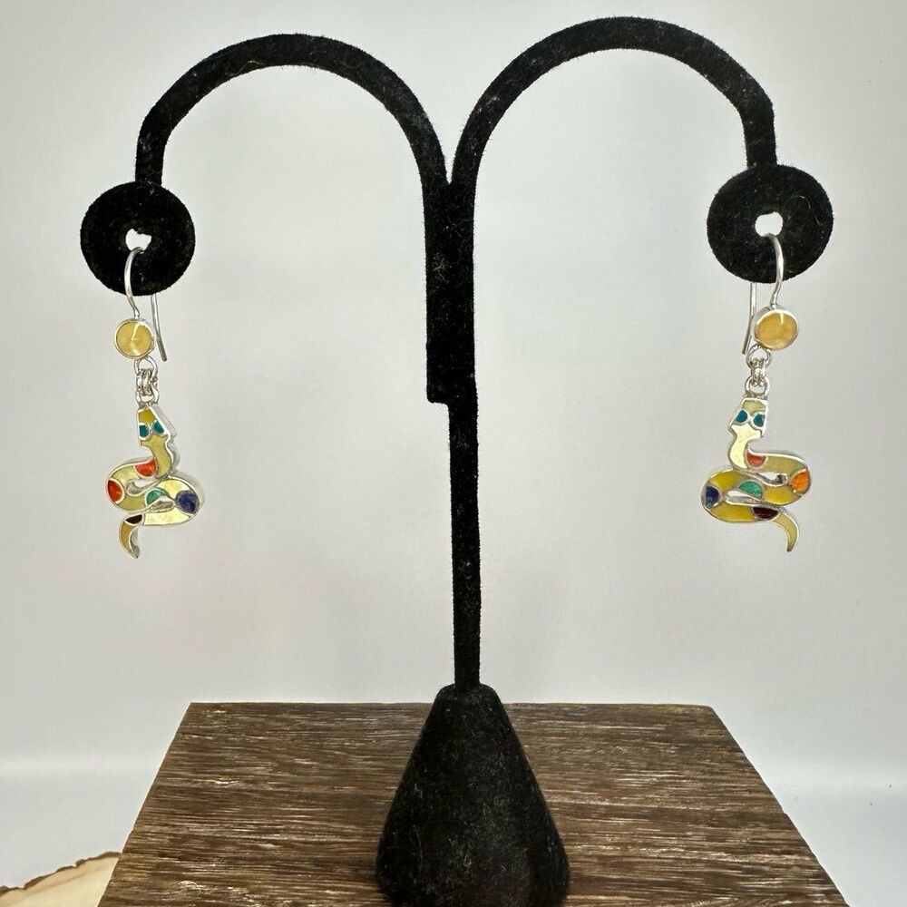 950 Silver Multi Gemstone Peruvian Inlay Snake Dangle Earrings